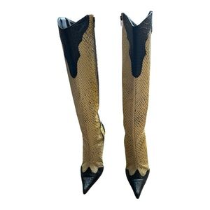 Sergio Zelcer Black Yellow Snake-Texture Over-the-Knee Pointed Boots leather